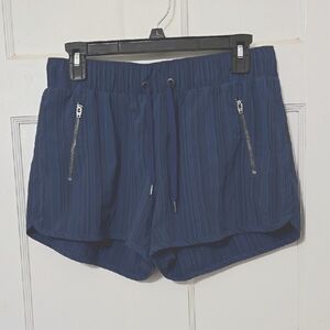 Athleta Navy Blue Stripe Athletic Running Women's Shorts Drawstring Zip Side M